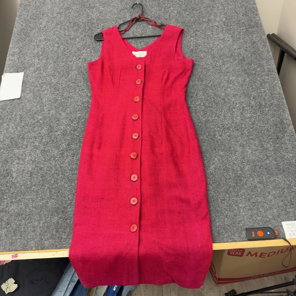 Vintage Santa Fe Dress Womens 12 Red Silk Button Down Midi Sheath 90s Minimalist